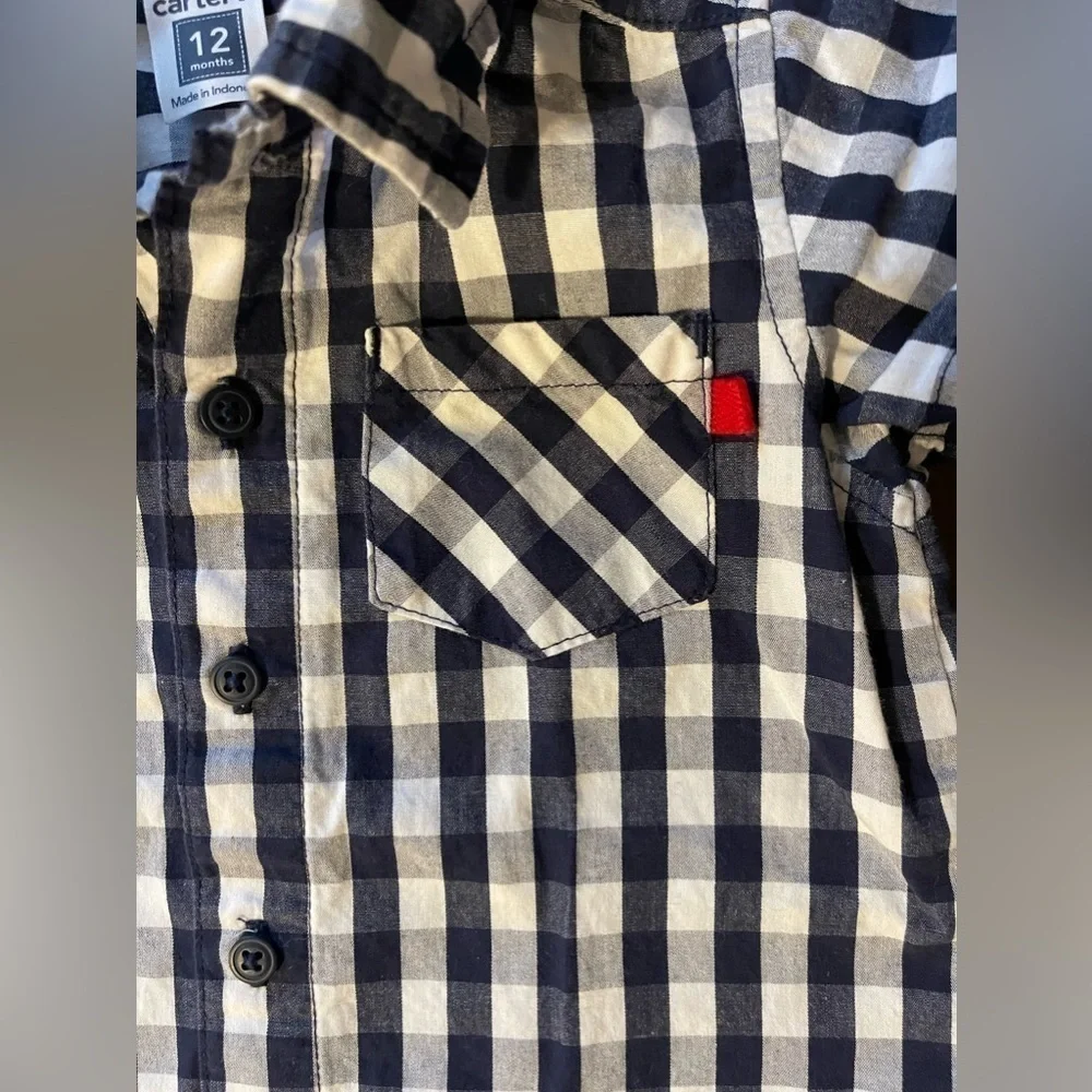Carters | Blue and White Plaid Button Down short sleeve | 12 mo
